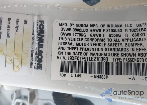 2020 Honda Civic Touring из США, поврежденный, VIN 19XFC1F91LE210390